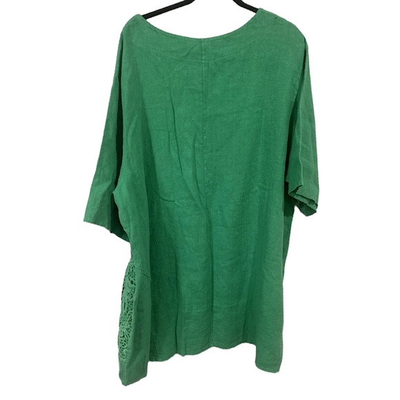 LaBass Tunic  Women Short Sleeve Embroidered Green 100% Linen Italy One Size - Picture 2 of 11